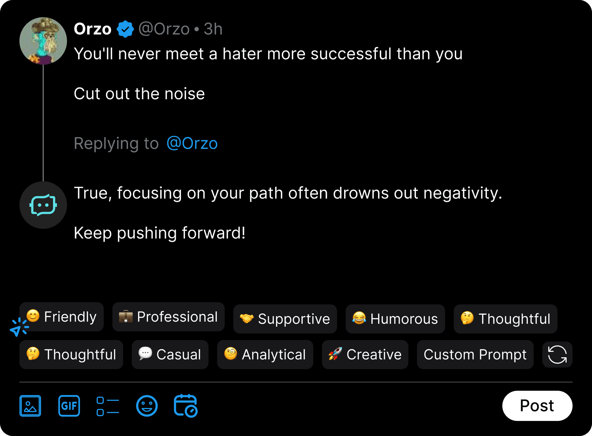 screenshot of qura ai replying a post